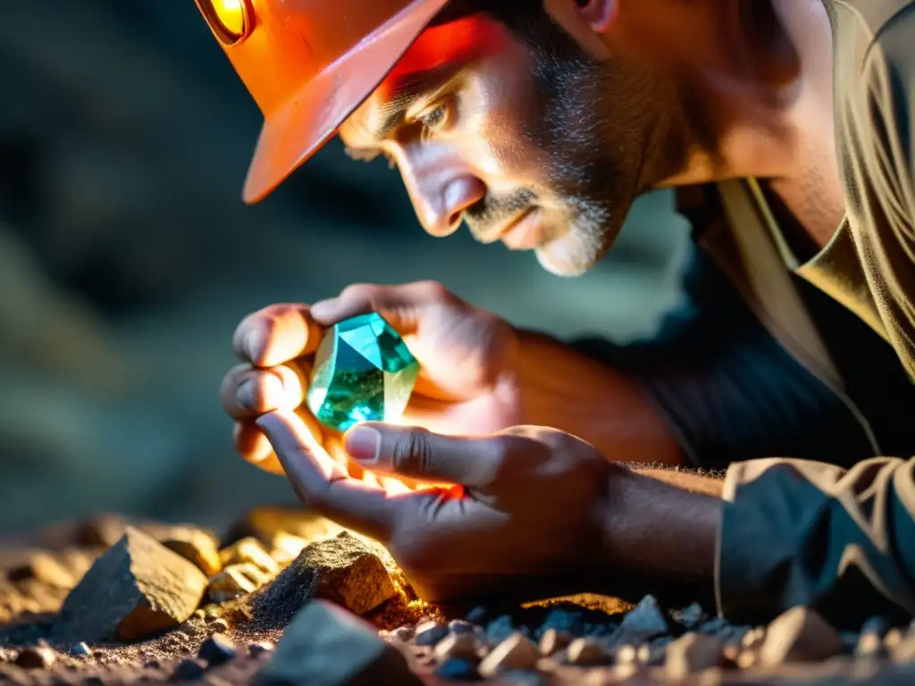 Un minero examina una piedra preciosa sin cortar en una mina subterránea