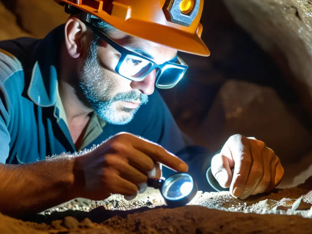 Un minero examina una piedra preciosa bajo tierra, resaltando la importancia de la transparencia y trazabilidad en la minería sostenible