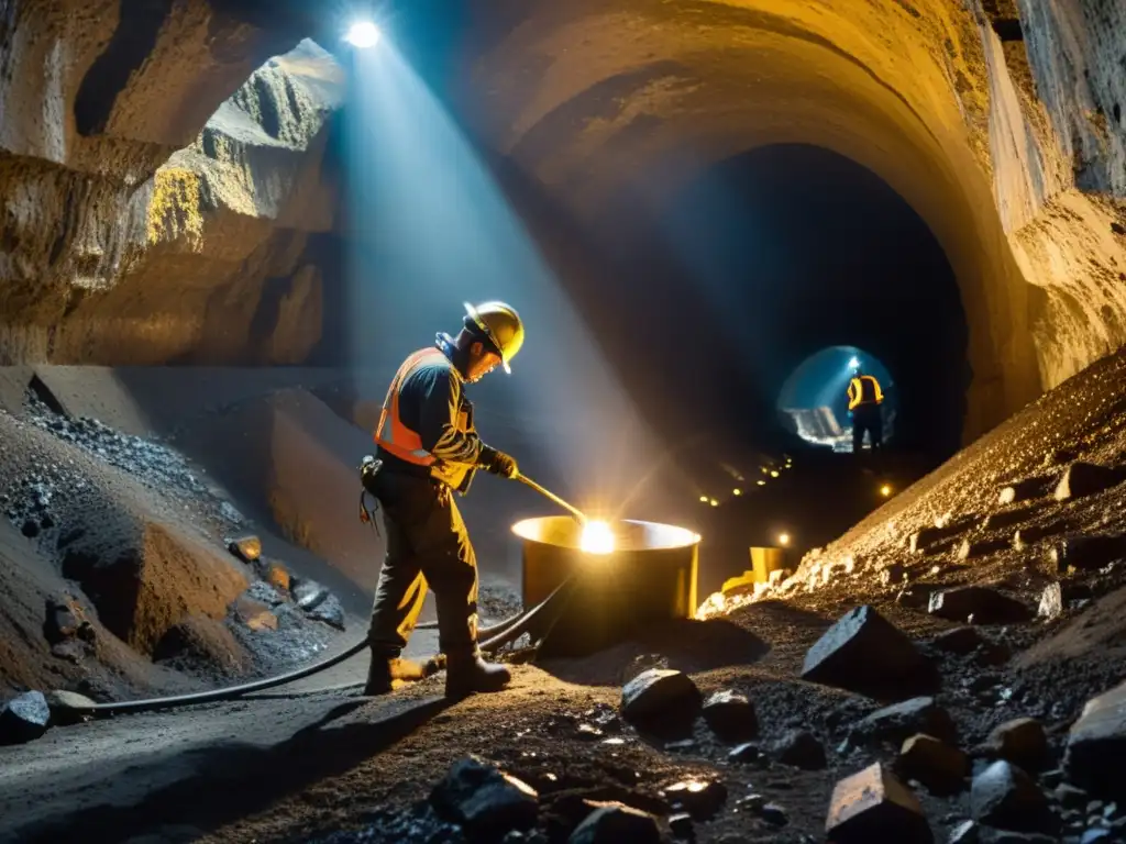 Minero extrayendo plata y oro en mina subterránea, rodeado de túneles oscuros y maquinaria pesada