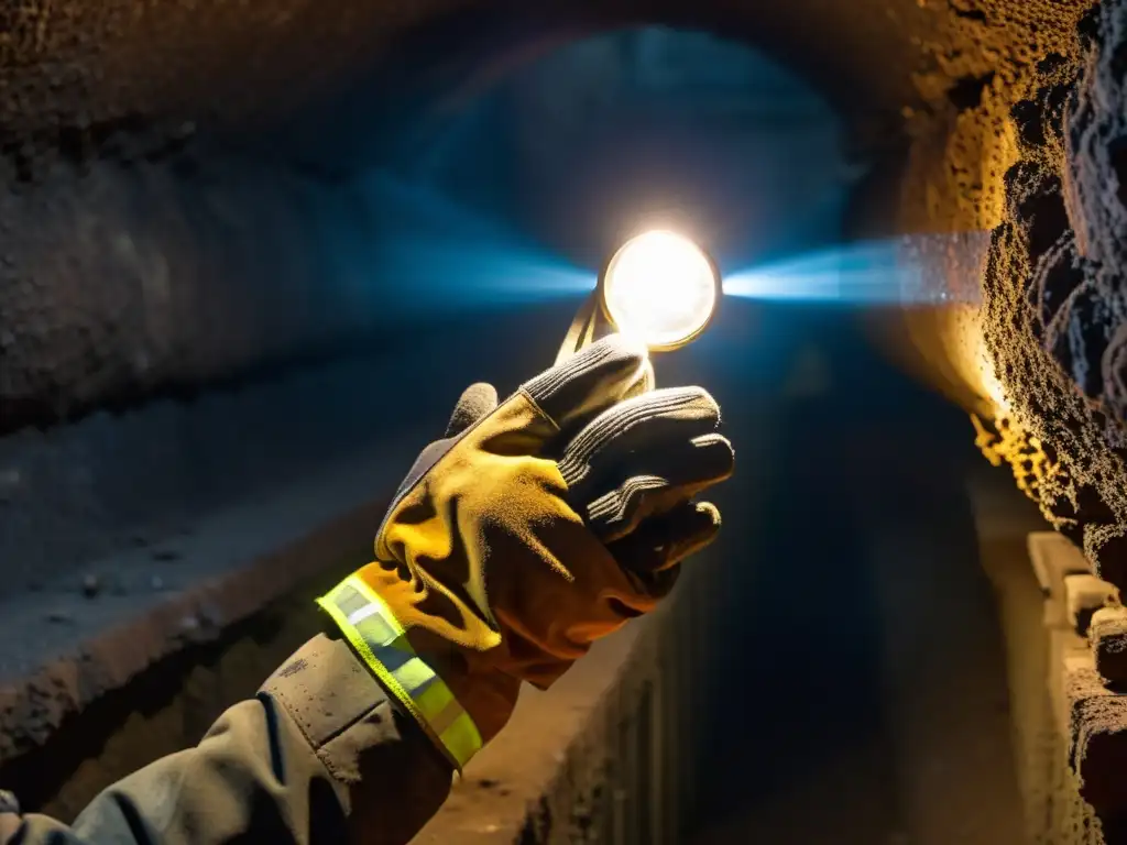 Un minero lleva puestos unos guantes de trabajo resistentes en un túnel subterráneo, con textura áspera y desgaste evidente