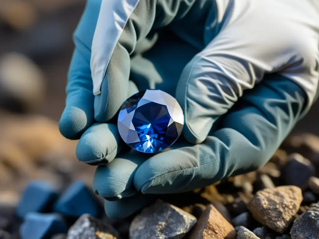 Minero extrayendo una rara y vibrante zafiro azul en una remota mina de montaña, destacando la destreza humana en la búsqueda de gemas valiosas