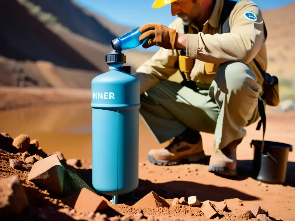 Un minero satisfecho usa un filtro de agua portátil en un entorno minero, obteniendo agua purificada