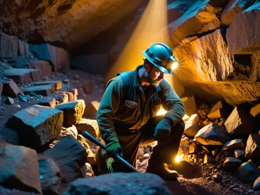 Un minero solitario iluminado por su lámpara busca minerales escasos en una oscura mina