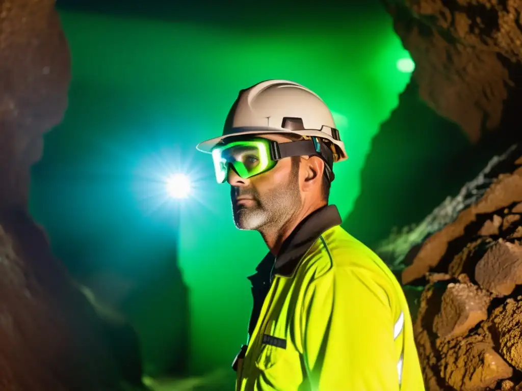 Un minero usa visores nocturnos para minería en la oscuridad de una mina, inspeccionando las paredes en busca de minerales valiosos