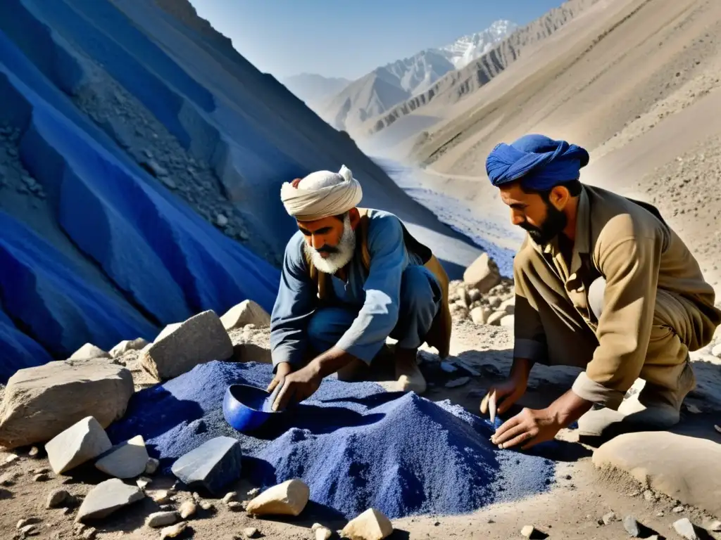 Mineros afganos extrayendo lapislázuli en las montañas de Afganistán, destacando su belleza y dureza