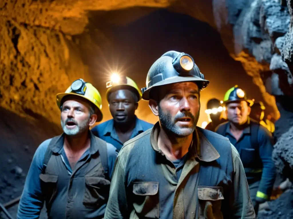 Mineros agotados emergen de la mina colapsada, con rostros sucios de polvo y sudor, mientras rescatistas se apresuran en el caos