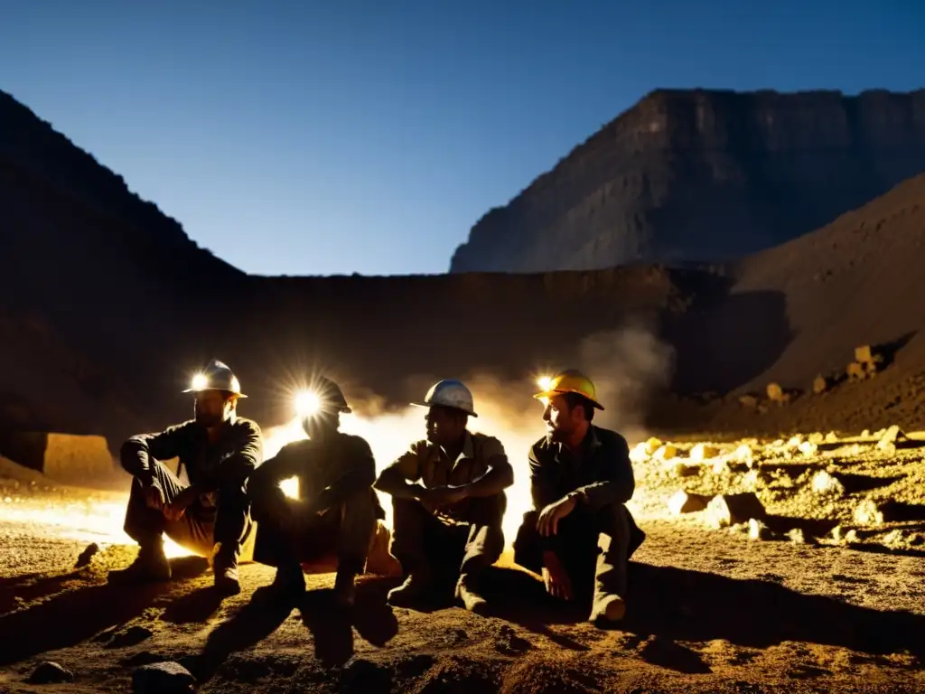 Mineros agotados descansando fuera de la mina, mostrando el impacto psicológico en trabajadores