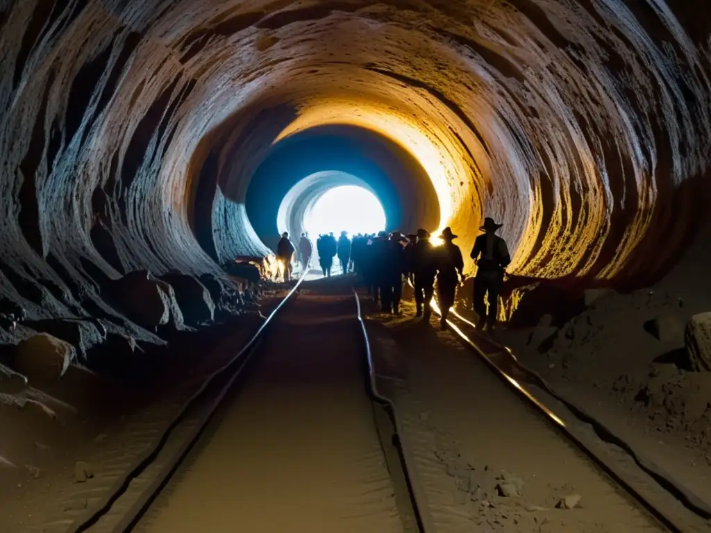 Mineros agotados trabajan en el túnel de las minas de plata de Potosí en el Virreinato, envueltos en polvo y penurias