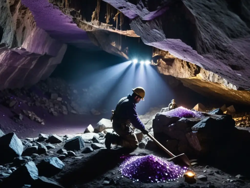 Mineros extrayendo amatistas púrpuras en una histórica explotación del Ural, evocando la rica herencia minera de la región