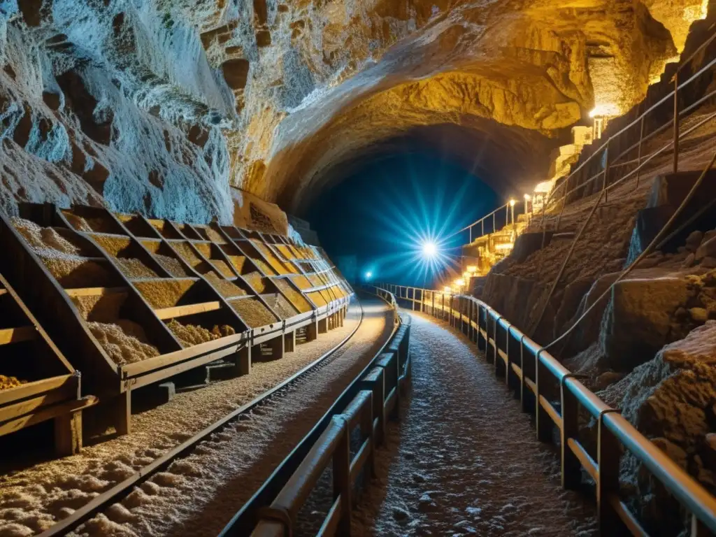 Minas de sal de Hallstatt: Intrincada red subterránea Mineros trabajando en las antiguas minas de sal de Hallstatt, Austria, destacando la historia y la atmósfera única de la minería de sal en este lugar