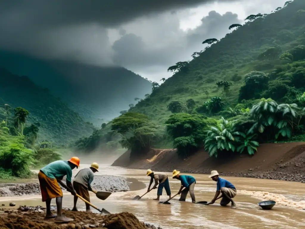 Mineros armados extraen gemas en río fangoso de selva densa