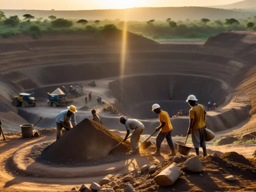 Mineros artesanales trabajando al atardecer en una mina, reflejando la dura realidad de la minería artesanal y normativas internacionales