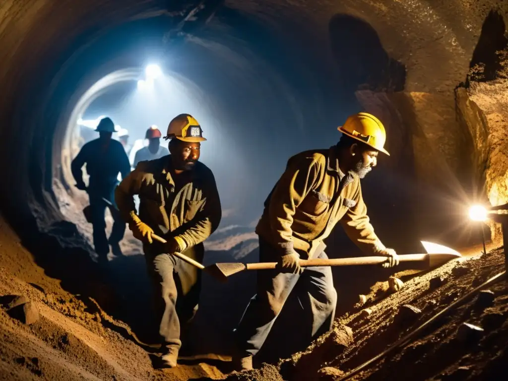 Mineros artesanales trabajando en túnel oscuro, concentrados y laboriosos