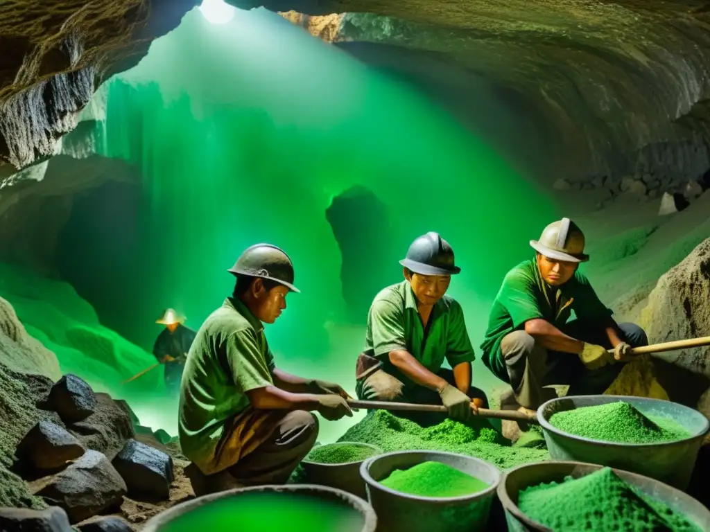 Mineros birmanos trabajando en una mina de jade, cubiertos de polvo verde, ilustrando la historia y cultura del jade en Birmania