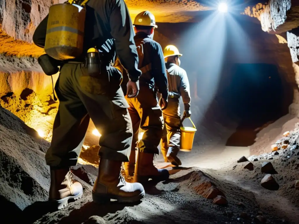 Mineros con botas resistentes y cascos, iluminados por lámparas, exploran terreno rocoso en mina subterránea