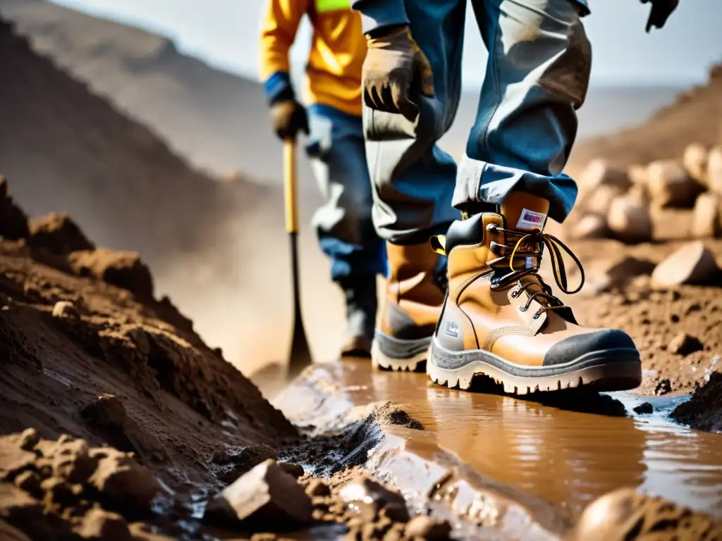 Mineros con botas resistentes exploran terrenos difíciles, con polvo levantándose detrás