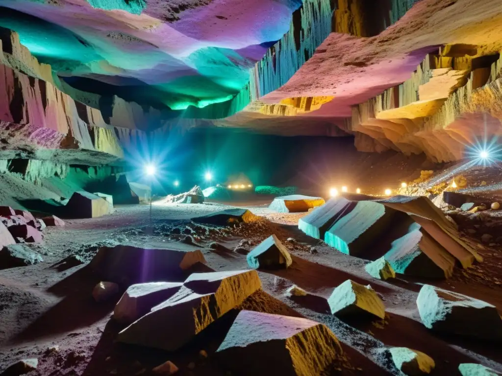 Mineros trabajando en una caverna de minas de fluorita, iluminando formaciones cristalinas