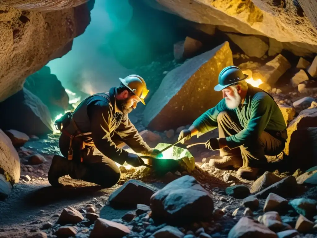 Mineros celtas extraen fluorita en una montaña mística de Europa, iluminados por antorchas, en una escena de misticismo y labor ardua