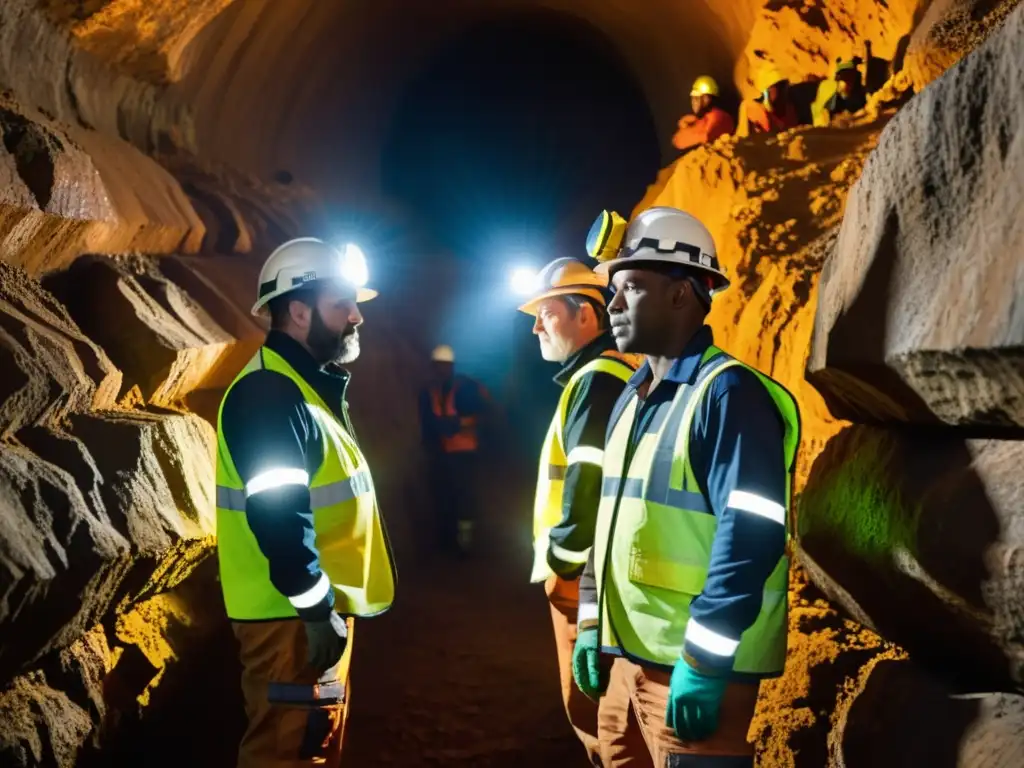 Mineros con certificaciones internacionales en minería trabajan en túnel subterráneo iluminado por sus lámparas