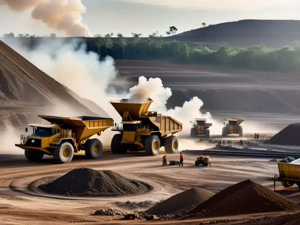 Mineros trabajan en condiciones difíciles en una mina de extracción de minerales en zonas de guerra, con maquinaria y polvo en el aire