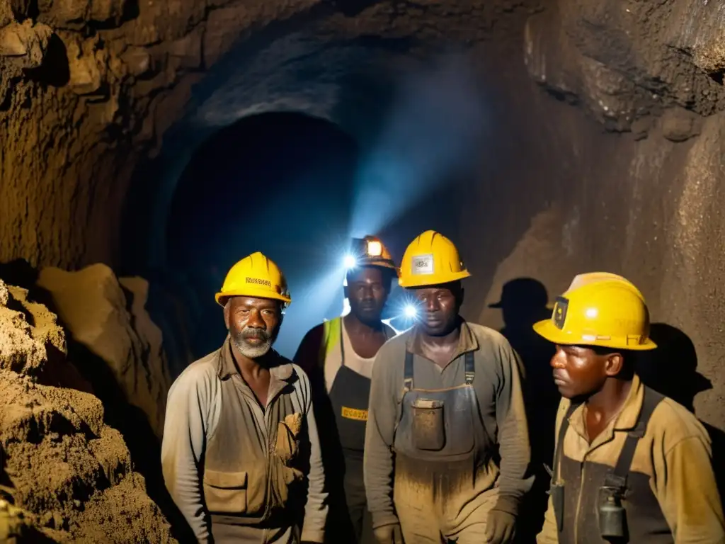 Mineros trabajando en condiciones extremas en una oscura y húmeda mina, iluminados por lámparas frontales, sudorosos y determinados