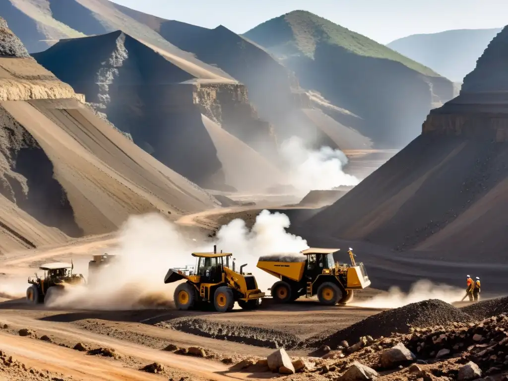 Mineros equipados con maquinaria de perforación en terreno montañoso