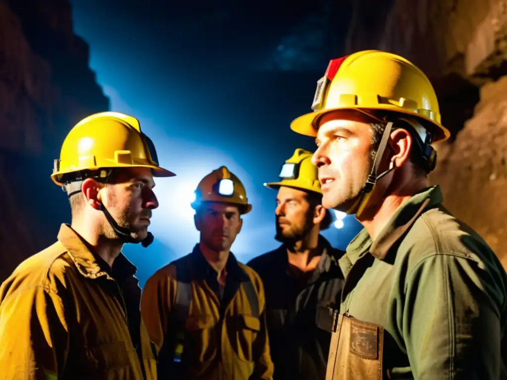 Mineros equipados con los mejores walkie talkies para minería, comunicándose en la oscura y desafiante mina subterránea