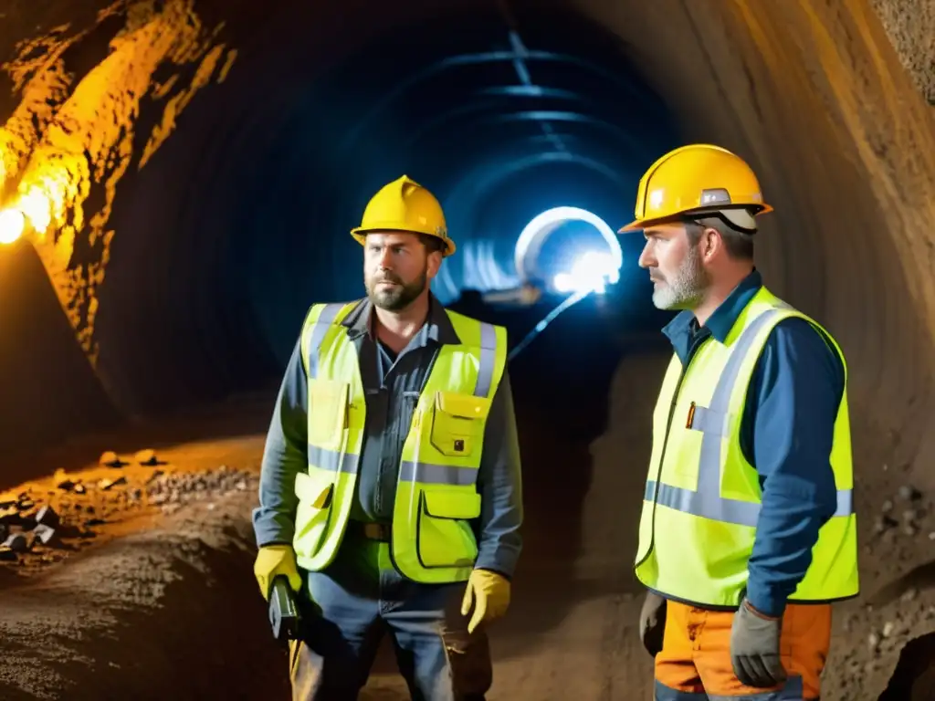 Mineros con equipo de protección en mina subterránea