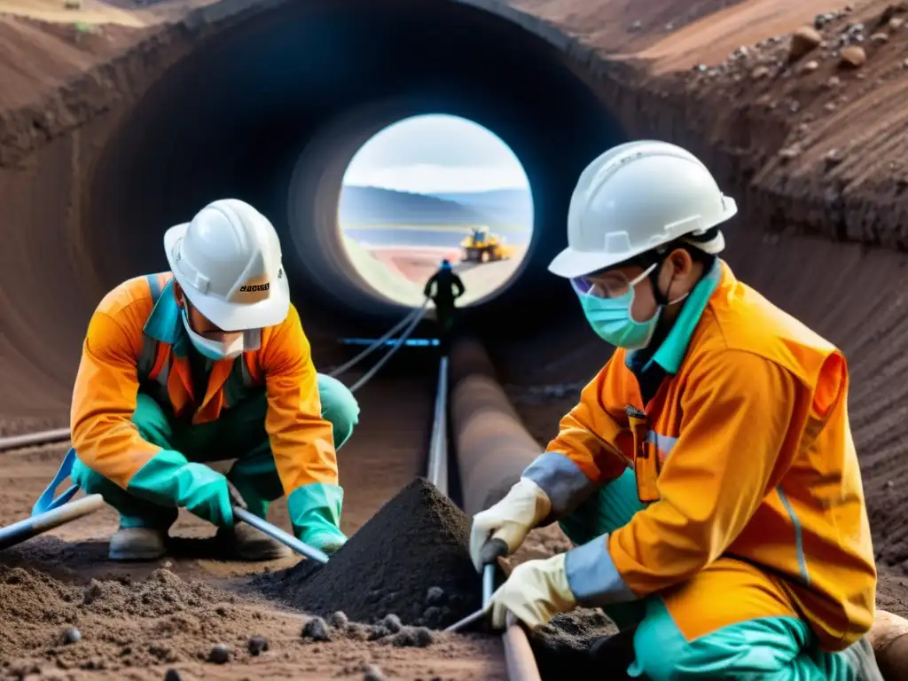 Mineros en equipo extraen minerales de tierras raras en mina