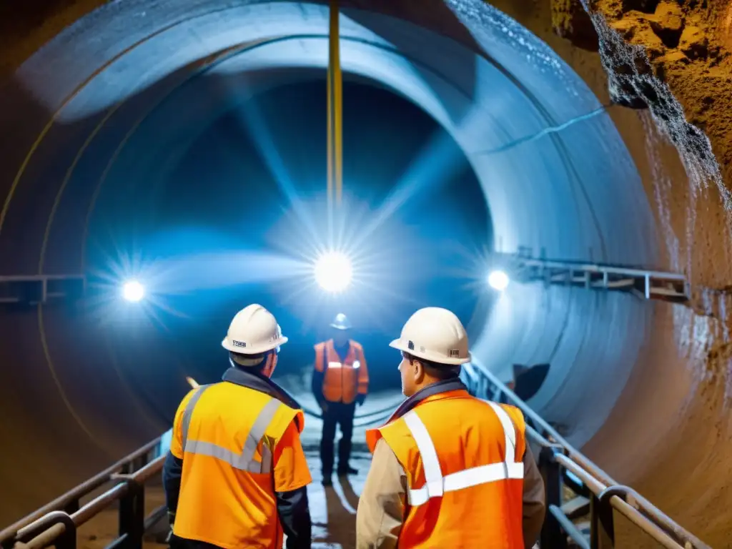 Mineros inspeccionan equipo en túnel iluminado por LED