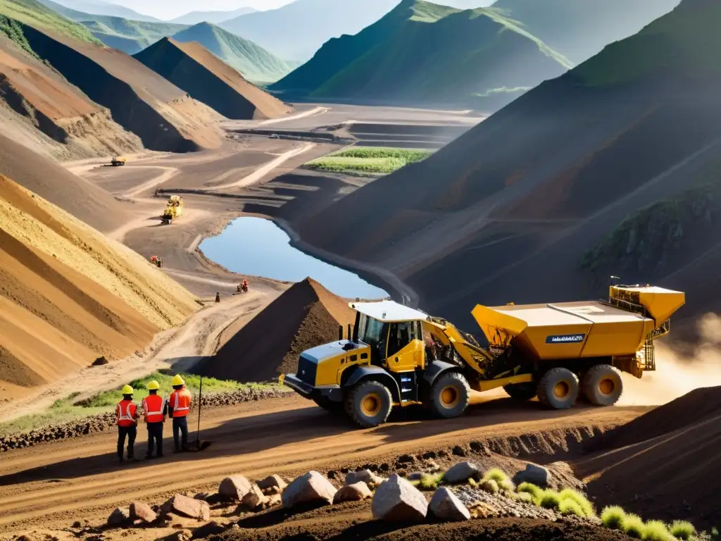 Mineros operando equipos de perforación para minería a pequeña escala en un paisaje montañoso desafiante y salvaje