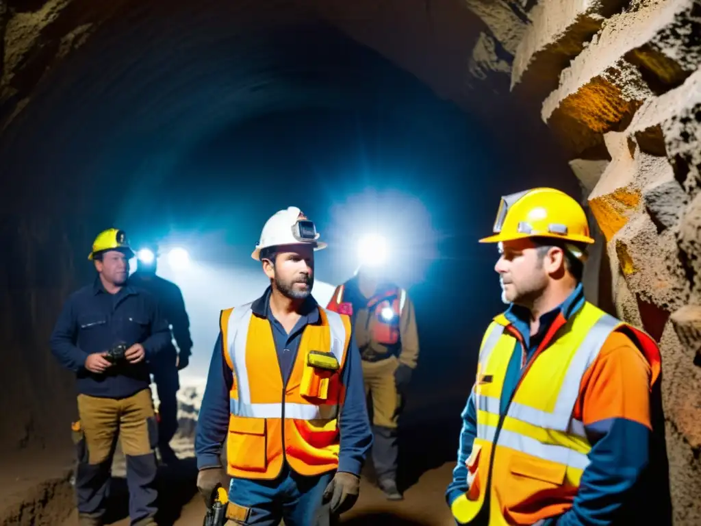 Mineros con equipos protectores y linternas en túnel subterráneo comunicándose con mejores walkie talkies para minería