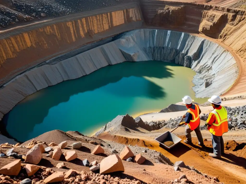 Mineros usando equipos de seguridad para minería de gemas mientras extraen piedras preciosas en una mina