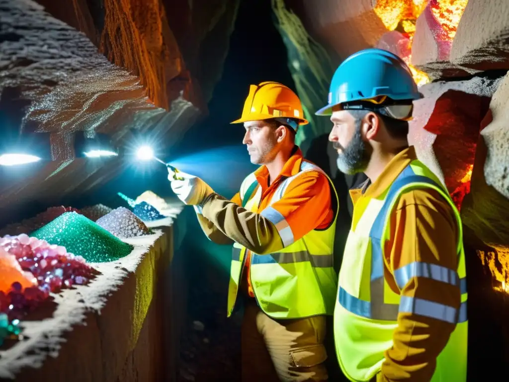 Mineros con equipos de seguridad para minería de gemas examinan coloridas piedras en una mina subterránea iluminada por sus lámparas frontales