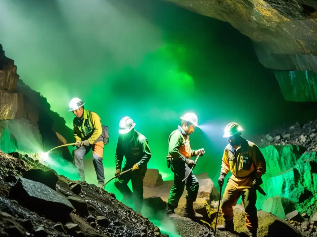 Mineros extraen esmeraldas verdes en minas Chivor, Colombia, creando un aura mágica en la caverna subterránea