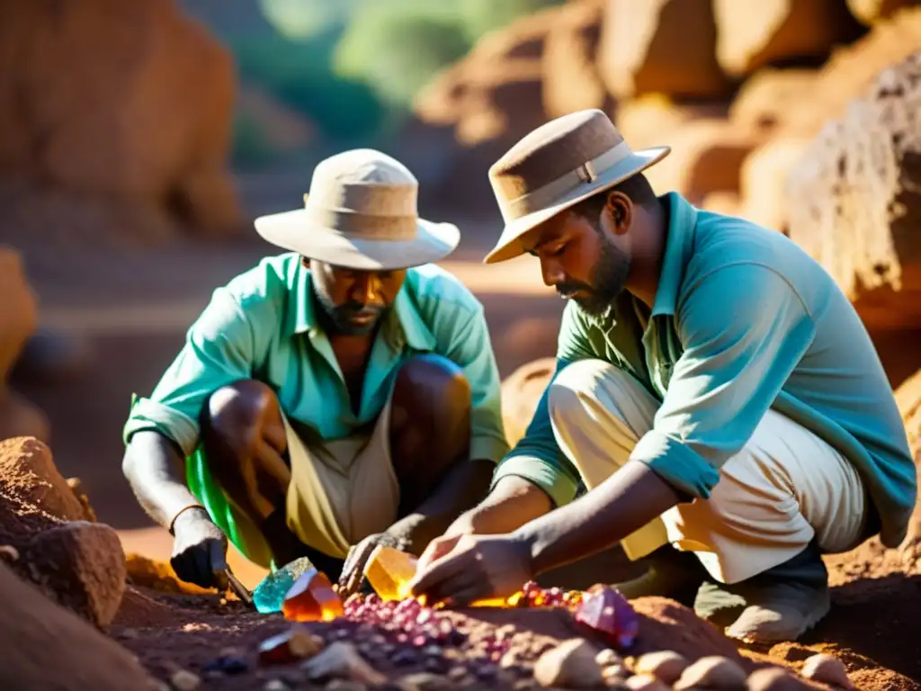 Mineros expertos utilizando técnicas milenarias en la búsqueda de gemas preciosas en la tierra, rodeados de colores vibrantes y paisajes rústicos