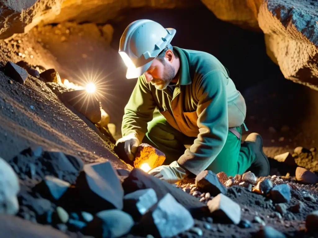 Mineros extrayendo una gema bruta en el oscuro y desafiante ambiente de una mina, iluminados por lámparas frontales