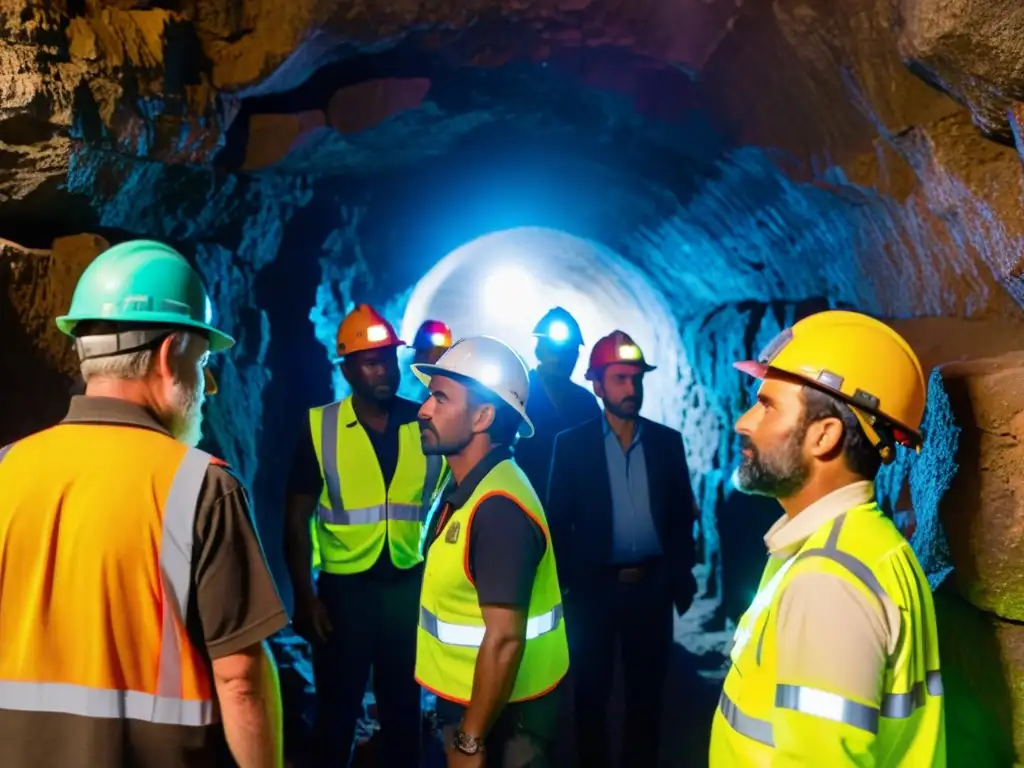 Mineros de gemas con cascos coloridos y lámparas frontales examinan el túnel oscuro en busca de gemas