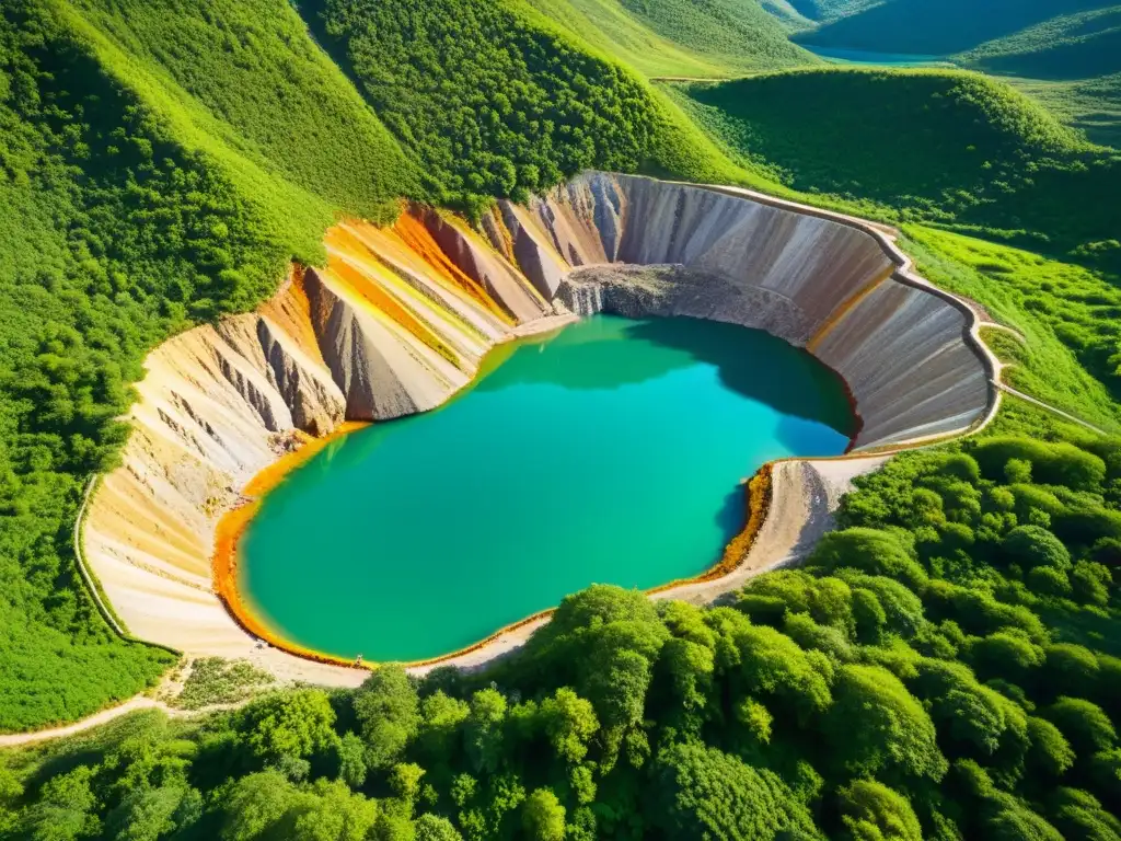 Mineros extrayendo gemas coloridas en una mina en paisaje montañoso