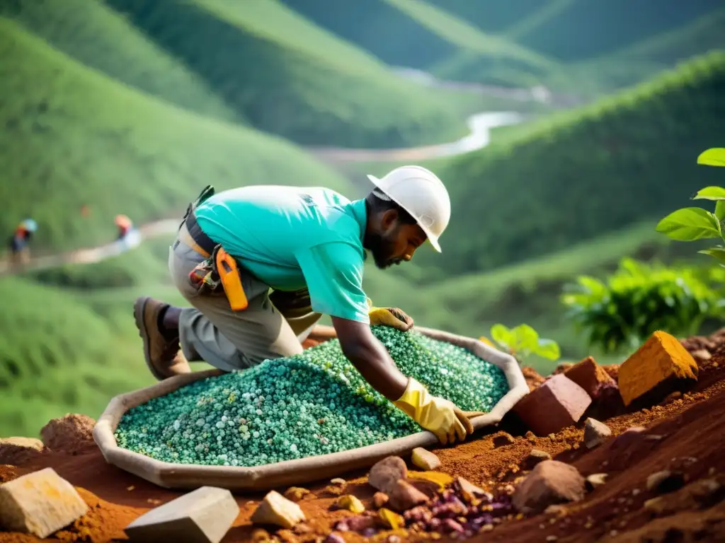 Mineros extrayendo gemas en una mina ecológica, con herramientas sostenibles y paisaje vibrante