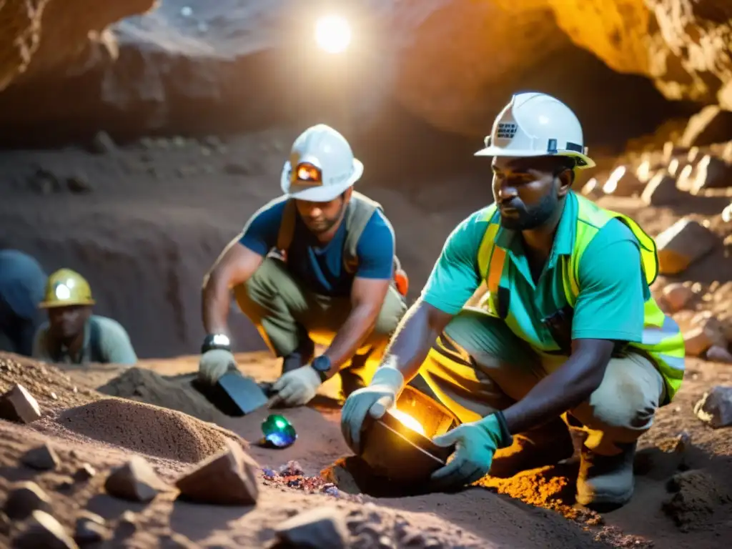 Mineros extraen gemas en mina oscura, con enfoque y responsabilidad social, mostrando valores éticos en la industria de gemas