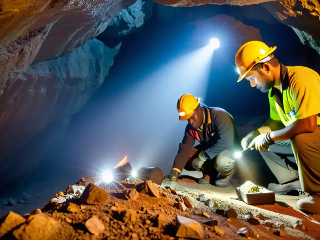 Mineros extraen gemas en mina subterránea, iluminados por lámparas frontales