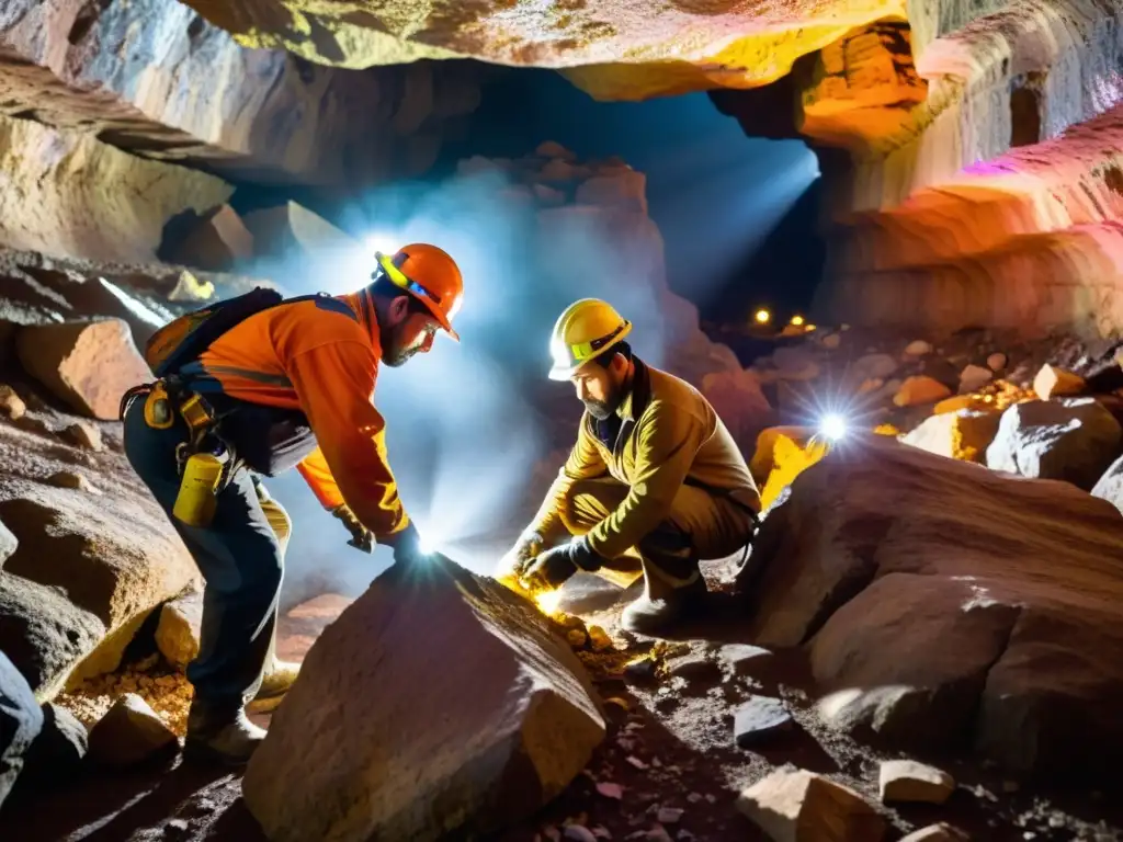 Mineros extraen gemas en una mina subterránea, iluminados por lámparas frontales