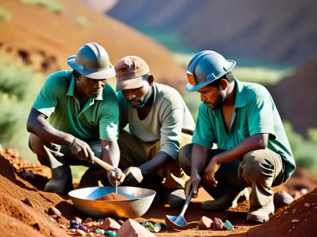 Mineros de gemas trabajando en un paisaje remoto y agreste, comunicando valores de responsabilidad social a través de su labor intensiva y dedicada