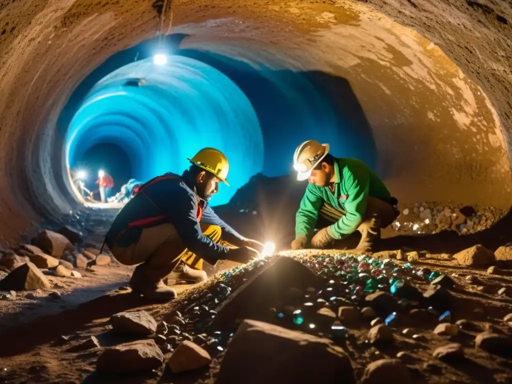 Mineros extrayendo gemas raras en mina subterránea, iluminados por lámparas frontales