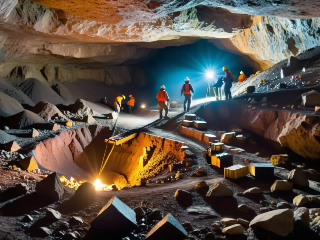 Mineros extraen gemas raras en una mina subterránea, destacando la intensa labor y precisión