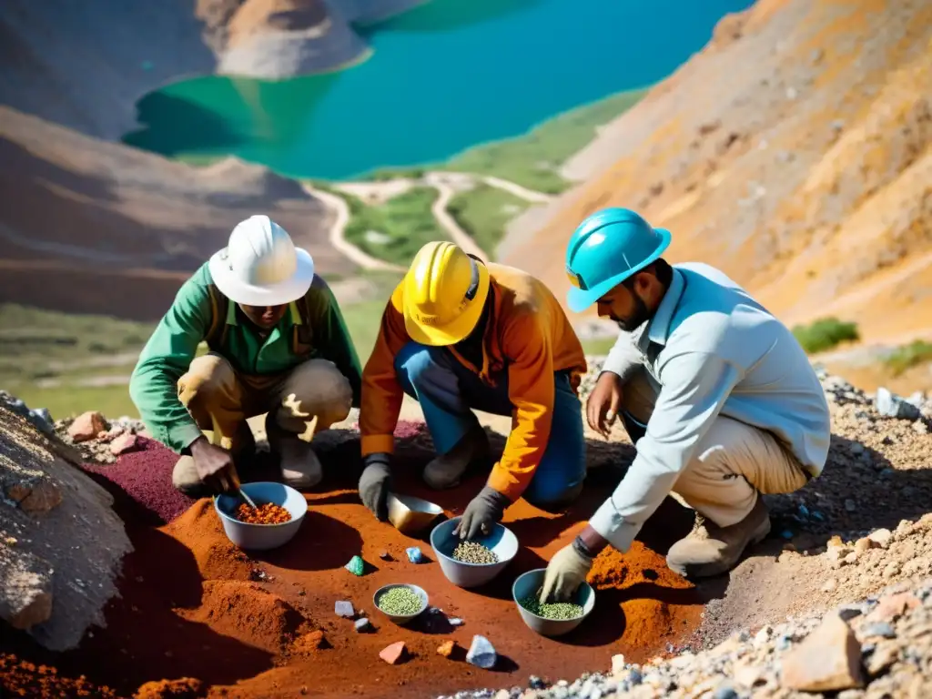 Mineros extrayendo gemas raras en paisaje montañoso, resaltando la geopolítica y la inversión en recursos preciosos