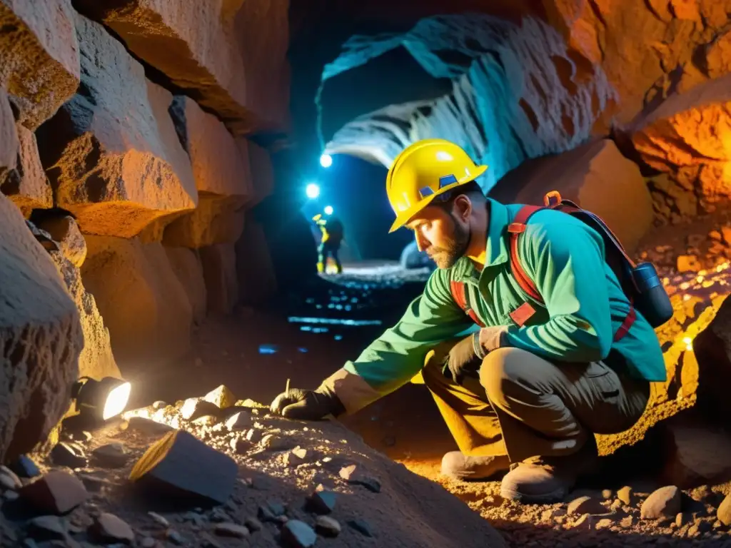 Mineros extraen gemas raras en túnel iluminado, escena cautivadora de la extracción de minerales preciosos para el mercado de inversiones