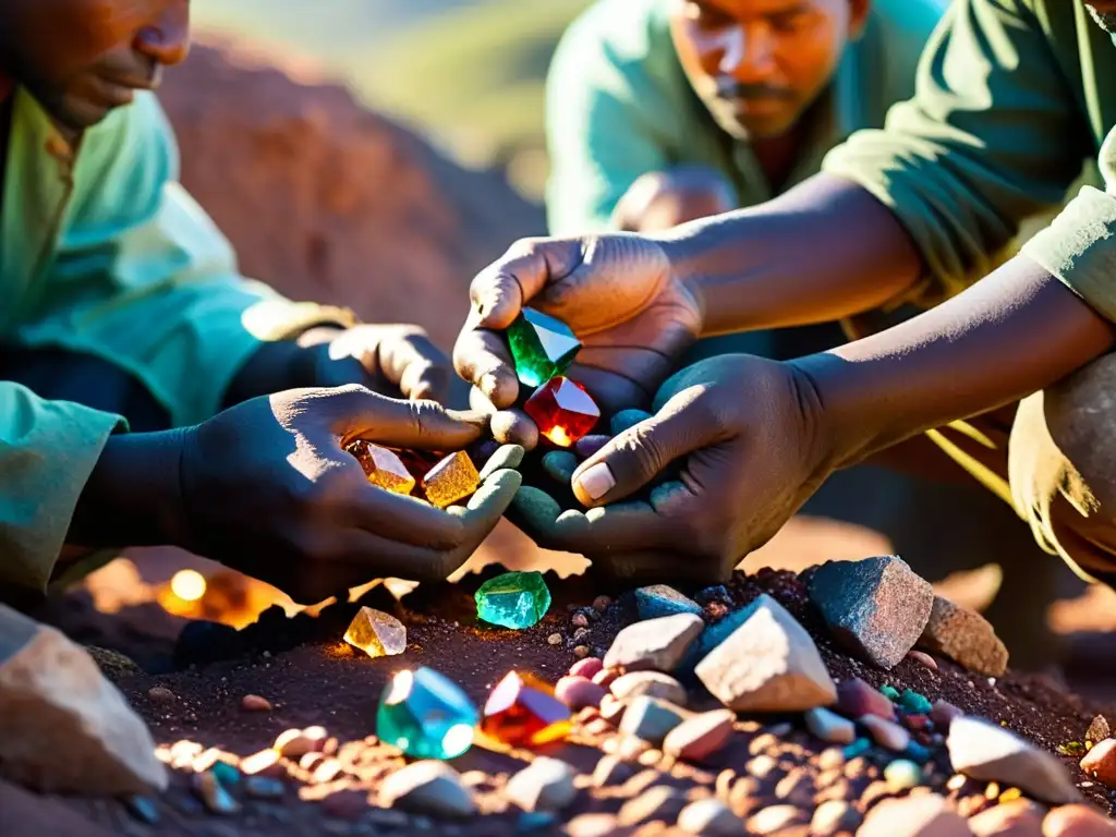 Mineros extraen gemas en remoto y escarpado lugar, destacando la belleza y esfuerzo de la extracción de minerales