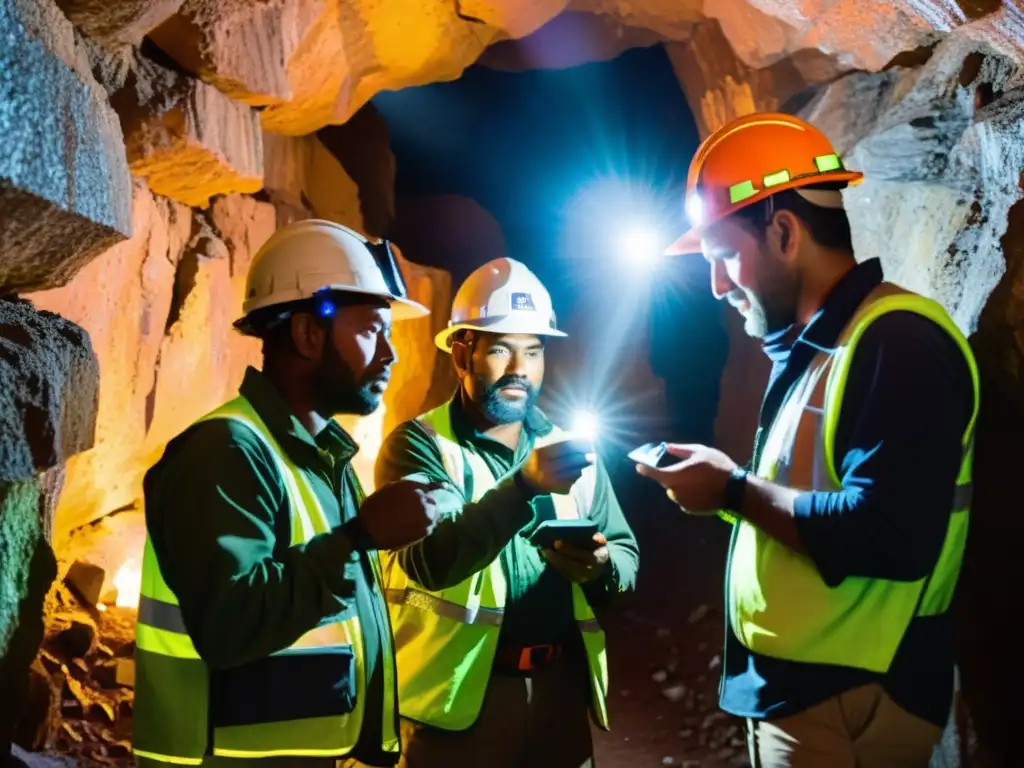 Mineros extraen gemas en túnel iluminado por lámparas frontales y se comunican con radios